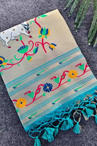 teal color paithani art silk saree with designer blouse