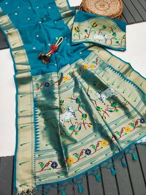 teal color paithani art silk saree with designer blouse 4