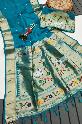 teal color paithani art silk saree with designer blouse