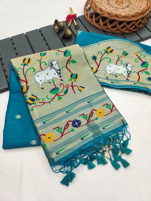 teal color paithani art silk saree with designer blouse 5