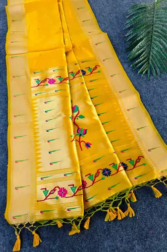 yellow color paithani art silk saree with designer blouse