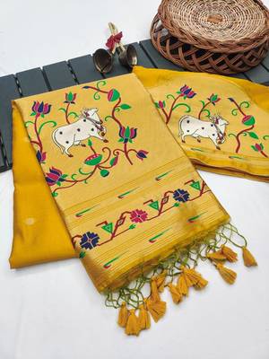 yellow color paithani art silk saree with designer blouse 3
