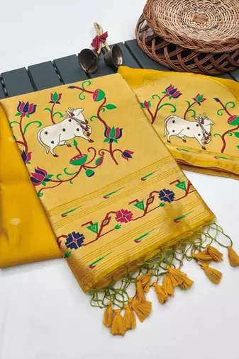 yellow color paithani art silk saree with designer blouse