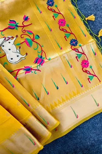 yellow color paithani art silk saree with designer blouse