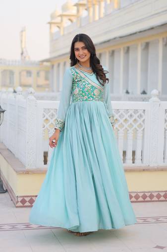 Sky Blue Color Chinnon Silk Print With Embroidery Work Party Wear Gown