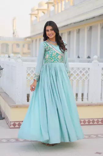 Sky Blue Color Chinnon Silk Print With Embroidery Work Party Wear Gown