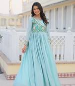Sky Blue Color Chinnon Silk Print With Embroidery Work Party Wear Gown