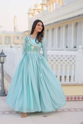 Sky Blue Color Chinnon Silk Print With Embroidery Work Party Wear Gown 2