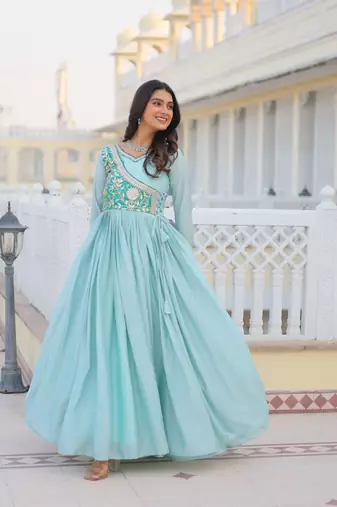 Sky Blue Color Chinnon Silk Print With Embroidery Work Party Wear Gown