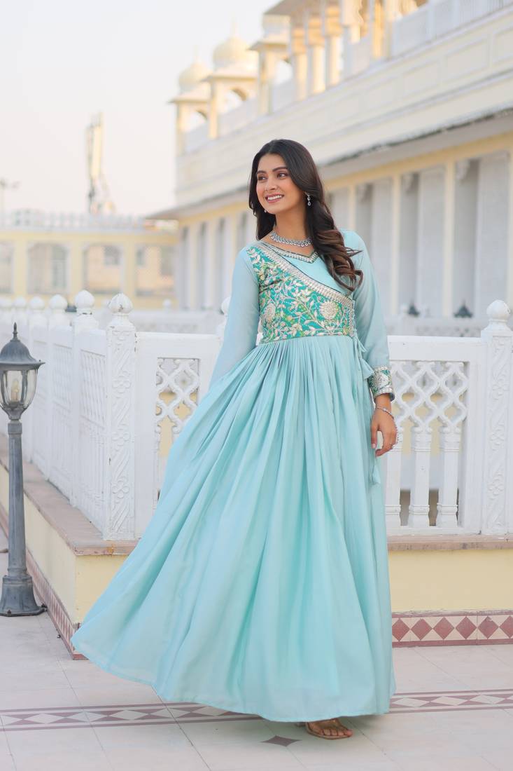 Sky Blue Color Chinnon Silk Print With Embroidery Work Party Wear Gown