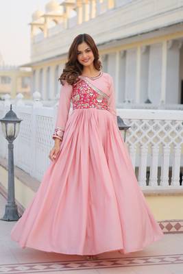 Pink Color Chinnon Silk Print With Embroidery Work Party Wear Gown 1