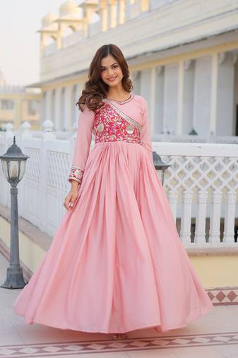 Pink Color Chinnon Silk Print With Embroidery Work Party Wear Gown