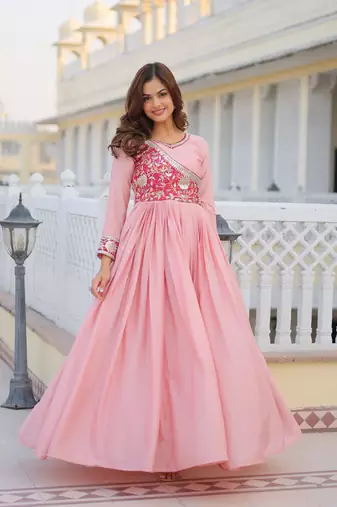 Pink Color Chinnon Silk Print With Embroidery Work Party Wear Gown