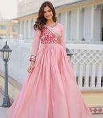 Pink Color Chinnon Silk Print With Embroidery Work Party Wear Gown