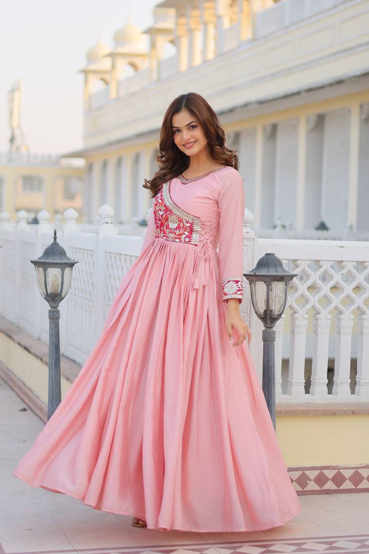 Pink Color Chinnon Silk Print With Embroidery Work Party Wear Gown