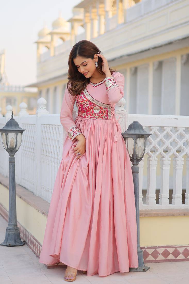 Pink Color Chinnon Silk Print With Embroidery Work Party Wear Gown