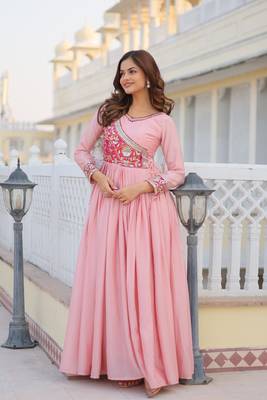 Pink Color Chinnon Silk Print With Embroidery Work Party Wear Gown 4