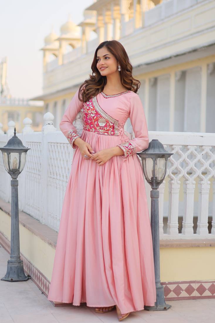 Pink Color Chinnon Silk Print With Embroidery Work Party Wear Gown