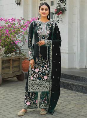 Black CHINNON SILK EMBROIDERY WORK FULLY SALWAR SUIT 1