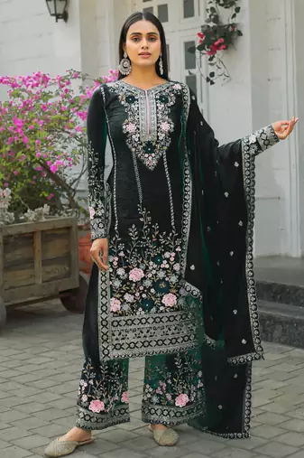 Black CHINNON SILK EMBROIDERY WORK FULLY SALWAR SUIT