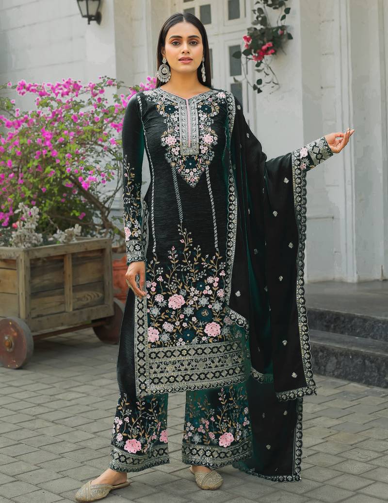 Black CHINNON SILK EMBROIDERY WORK FULLY  SALWAR SUIT