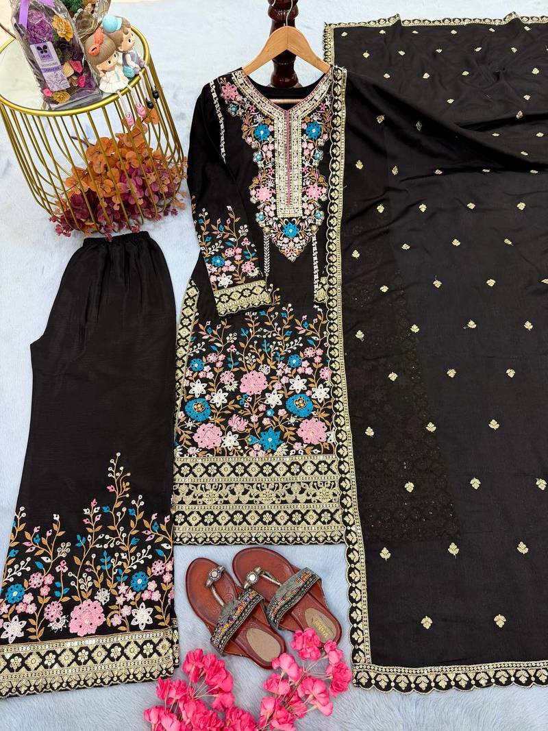 Black CHINNON SILK EMBROIDERY WORK FULLY  SALWAR SUIT