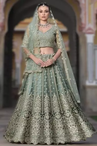 GREEN Pure Butterfly Net Embroidered Lehenga Choli with Dupatta – Sequins & Diamond Work Bridal Wedding