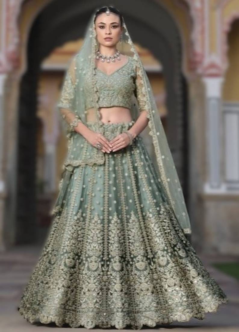 GREEN Pure Butterfly Net Embroidered Lehenga Choli with Dupatta     Sequins & Diamond Work Bridal Wedding