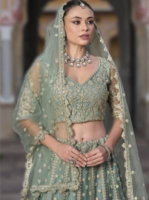 GREEN Pure Butterfly Net Embroidered Lehenga Choli with Dupatta     Sequins & Diamond Work Bridal Wedding 3