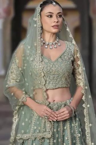 GREEN Pure Butterfly Net Embroidered Lehenga Choli with Dupatta     Sequins & Diamond Work Bridal Wedding