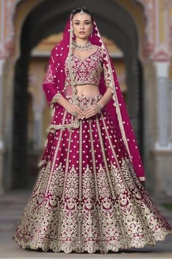 RANI PINK Pure Butterfly Net Embroidered Lehenga Choli with Dupatta     Sequins & Diamond Work Bridal Wedding