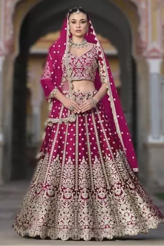 RANI PINK Pure Butterfly Net Embroidered Lehenga Choli with Dupatta – Sequins & Diamond Work Bridal Wedding
