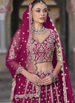 RANI PINK Pure Butterfly Net Embroidered Lehenga Choli with Dupatta   Sequins & Diamond Work Bridal Wedding 3