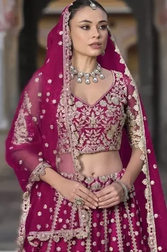 RANI PINK Pure Butterfly Net Embroidered Lehenga Choli with Dupatta     Sequins & Diamond Work Bridal Wedding