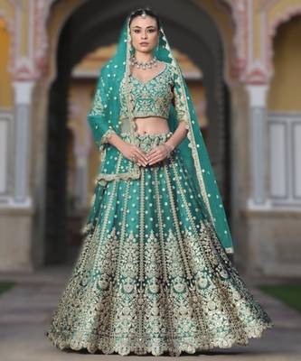 SEA GREEN Pure Butterfly Net Embroidered Lehenga Choli with Dupatta   Sequins & Diamond Work Bridal Wedding 1