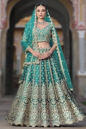 SEA GREEN Pure Butterfly Net Embroidered Lehenga Choli with Dupatta – Sequins & Diamond Work Bridal Wedding