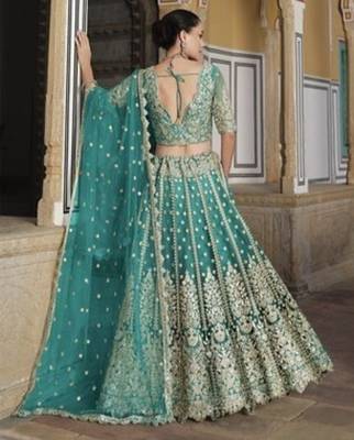 SEA GREEN Pure Butterfly Net Embroidered Lehenga Choli with Dupatta   Sequins & Diamond Work Bridal Wedding 2