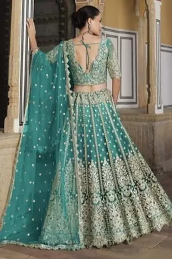 SEA GREEN Pure Butterfly Net Embroidered Lehenga Choli with Dupatta     Sequins & Diamond Work Bridal Wedding