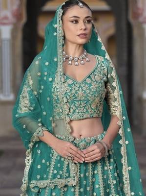 SEA GREEN Pure Butterfly Net Embroidered Lehenga Choli with Dupatta   Sequins & Diamond Work Bridal Wedding 3