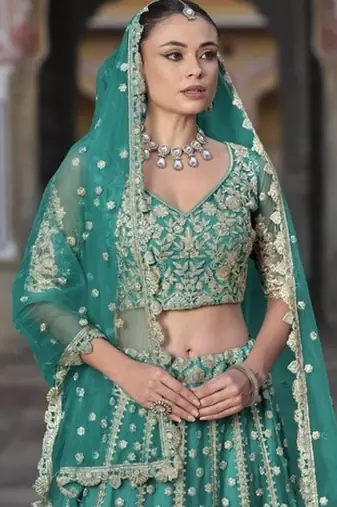 SEA GREEN Pure Butterfly Net Embroidered Lehenga Choli with Dupatta     Sequins & Diamond Work Bridal Wedding