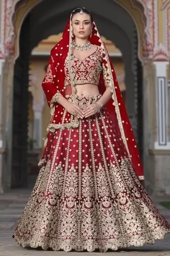 RED Pure Butterfly Net Embroidered Lehenga Choli with Dupatta – Sequins & Diamond Work Bridal Wedding