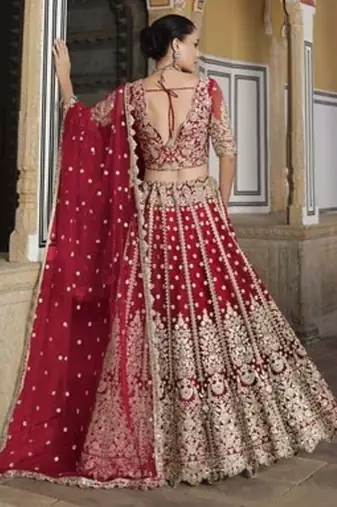 RED Pure Butterfly Net Embroidered Lehenga Choli with Dupatta     Sequins & Diamond Work Bridal Wedding