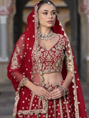 RED Pure Butterfly Net Embroidered Lehenga Choli with Dupatta   Sequins & Diamond Work Bridal Wedding 3