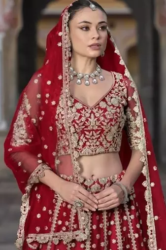 RED Pure Butterfly Net Embroidered Lehenga Choli with Dupatta     Sequins & Diamond Work Bridal Wedding