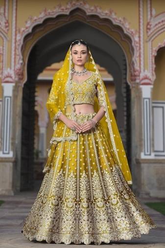 YELLOW Pure Butterfly Net Embroidered Lehenga Choli with Dupatta – Sequins & Diamond Work Bridal Wedding