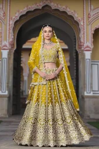 YELLOW Pure Butterfly Net Embroidered Lehenga Choli with Dupatta – Sequins & Diamond Work Bridal Wedding