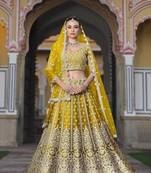 YELLOW Pure Butterfly Net Embroidered Lehenga Choli with Dupatta     Sequins & Diamond Work Bridal Wedding