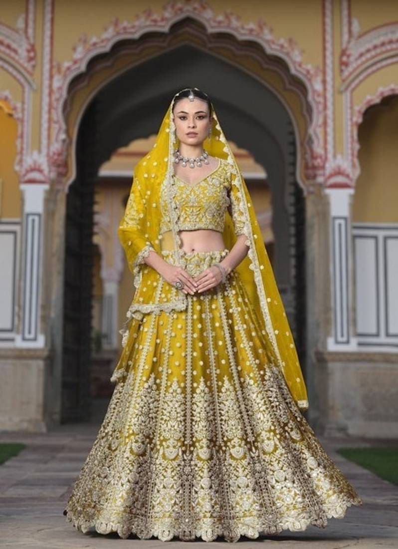 YELLOW Pure Butterfly Net Embroidered Lehenga Choli with Dupatta     Sequins & Diamond Work Bridal Wedding
