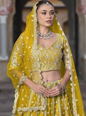YELLOW Pure Butterfly Net Embroidered Lehenga Choli with Dupatta   Sequins & Diamond Work Bridal Wedding 3