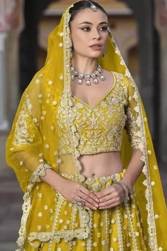 YELLOW Pure Butterfly Net Embroidered Lehenga Choli with Dupatta     Sequins & Diamond Work Bridal Wedding